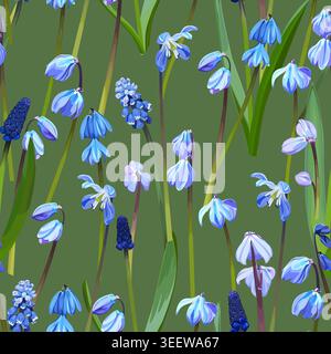 Seamless pattern of snowdrops and muscari on a green background Stock Vector