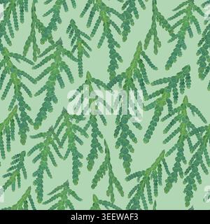 Seamless pattern of detailed thuja branches on a green background Stock Vector