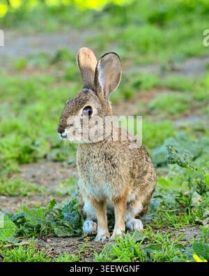 Eastern cottontail rabbit sitting alert in green meadow, natural wildlife portrait with soft background. Stock Photo
