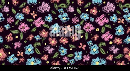Seamless pattern simple pastel flowers children's drawing with crayons on a black background. Hand drawn. Not AI, vector illustration. Stock Vector