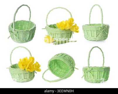 Wicker basket with flowers isolated on white, collage Stock Photo