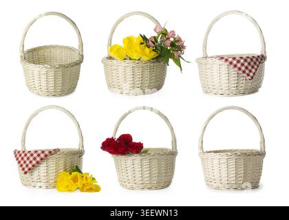 Wicker basket with flowers and cloth isolated on white, collage Stock Photo