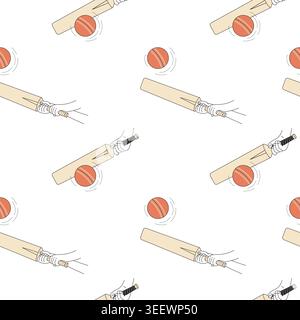 Cricket Bat and Ball Seamless Pattern. Impact Hands with Professional Bat Hitting Red Ball, Striking on White Background. Sports Square Minimalist Vec Stock Vector