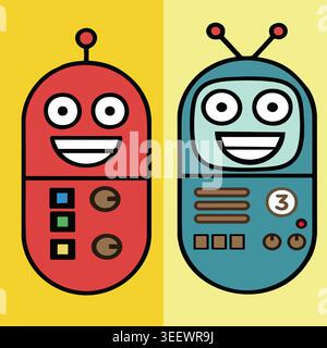 Cartoon robots illustration with colorful geometric design on a split yellow background Stock Vector