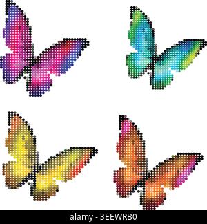 Pixelated colorful butterflies pink purple blue green orange digital art pixel design playful insect symbol Stock Vector