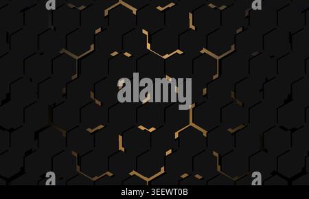 Dark abstract background with layered black hexagonal tiles and subtle gold geometric accents. Creating a premium hexagon futuristic honeycomb texture Stock Photo