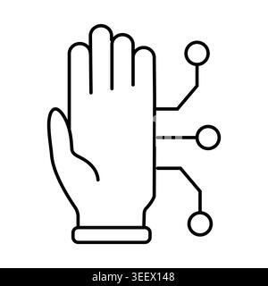 Hand symbol and microchip. Vector line illustration. Suitable for biometric security, human tech interface, AI identification Stock Vector
