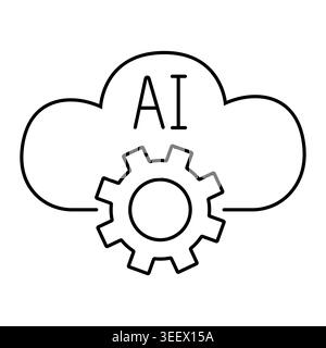 Gear symbol and cloud with inscription AI. Vector line illustration for cloud computing, AI infrastructure, smart technolog. Stock Vector