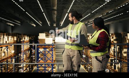 Two diverse workers, collaborating on logistics, tasks for e-commerce, logistics and order fulfillment with laptop and tablet on platform. Shipping operations productivity, supply chain. Stock Photo