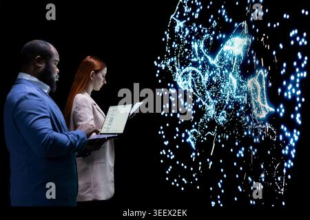 Modifying AI, neural network structure and engineering team coworkers. Analyzing artificial intelligence algorithms, LLM visualization and IT staff members in RD tech company Stock Photo