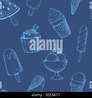 Seamless pattern with ink hand-drawn various ice cream desserts. Vector monochrome illustration Stock Vector