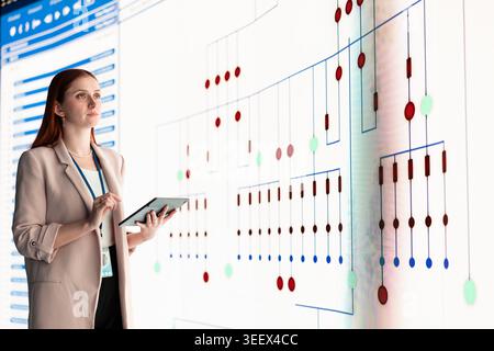 Reviewing PCB layout, tablet and female engineer looking at large digital screen. Electronic device manufacturing, electrical circuit connections and woman checking component placement Stock Photo