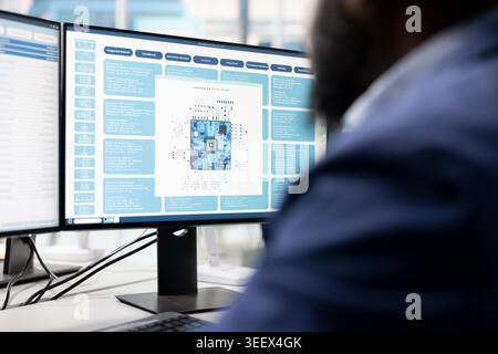Engineering team verifying PCB manufacturing plant microelectronics reliability. Teamworking colleagues working in specialized fab RD office focused on semiconductors powering electronics Stock Photo