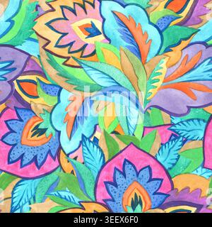 Watercolor colorful seamless pattern with abstract floral shapes. Hand-drawn illustration Stock Photo