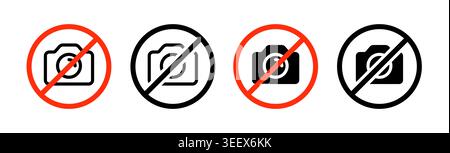 Camera photo forbidden sign. Photo camera vector restricted prohibited icon symbol. Stock Vector