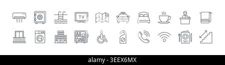 Hotel vector line icon set. Hospitality gym lobby service. Luxury hotel travel minimal outline icons Stock Vector