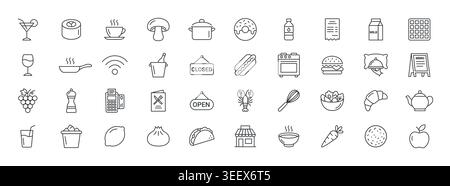 Restaurant food line icon set. Restaurant menu pizza beverage burger grill icons Stock Vector