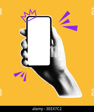 Halftone hand holding smartphone blank screen. Black and white dotted design phone in hand mobile technology minimal isolated digital concept Stock Vector