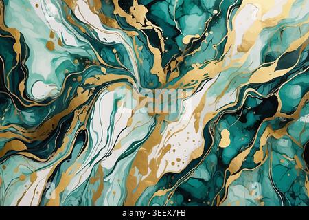 Green marble gold texture background abstract pattern. Seamless green marble stone watercolour backdrop Stock Vector