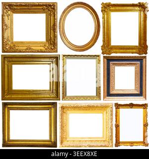 Collection of old empty art frames in different shapes isolated Stock Photo