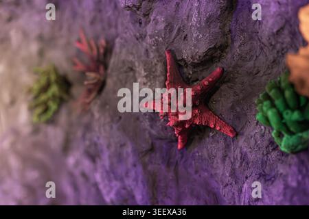Vibrant underwater scene featuring a central red starfish on purple coral, smaller pinkorange starfish hidden behind coral, green seaweed on right, et Stock Photo