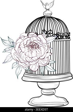 Romantic vintage floral decor. Peony bouquet in bird cage composition. For wedding invitations and design Stock Vector