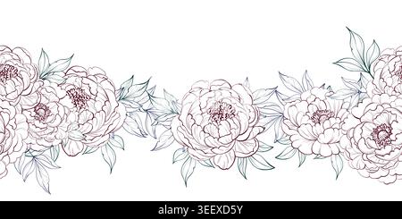 Seamless peony border floral pattern. Decorative border for design, wedding invitations and decor Stock Vector