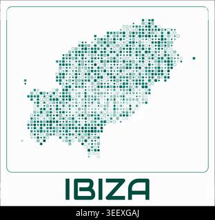 Ibiza digital style map. Small rounded square dots on white background. Dotted shape of the island. Ibiza map and title. Awesome vector illustration. Stock Vector