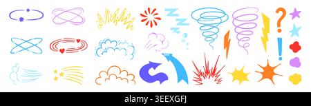Comic cartoon effect collection. Doodle explosions, speed lines, emotion signs, lightning, dizzy, arrows, hurricane. Cute sketch anime expression strokes motion energy icons. Vector illustration set Stock Vector