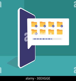 Flat vector illustration of a digital file management system with organized folders, checklist icons, and modern technology interface design. Stock Vector