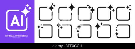 Square frames with stars icons set AI logo. Artificial intelligence sparkling symbols. Shiny magic glitter starburst for logo, app design. Modern smart assistant signs elements. Vector illustration Stock Vector
