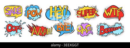 Speech bubble comic pop art set. Doodle chat boxes, explosion stickers, pow, boom, bang expressions. Halftone pop art balloons and empty dialog clouds for comment social media. Vector vintage phrase Stock Vector