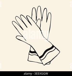 Hand drawn vector illustration of a pair of protective rubber gloves for cleaning. Minimalist household safety equipment icon in a trendy doodle style Stock Vector