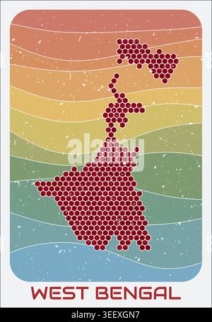 West Bengal, India vintage logo. Hexagon dots shape of the state on retro colored stripe waves background. Stock Vector