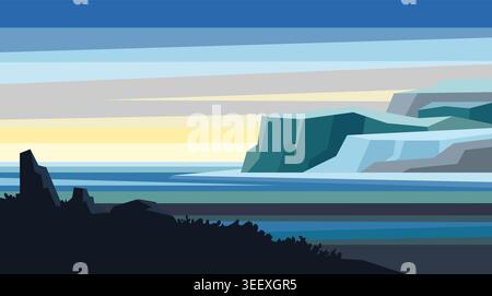 Abstract Minimalist Coastal Landscape with Geometric Mountains and Ocean Vector Illustration Stock Vector