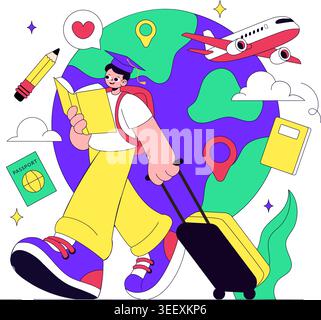 Study Abroad Vector Illustration Featuring International Education, Student Travel, Passport and Global Learning Design Stock Vector