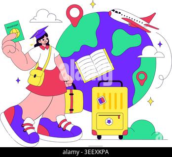 Study Abroad Vector Illustration Featuring International Education, Student Travel, Passport and Global Learning Design Stock Vector