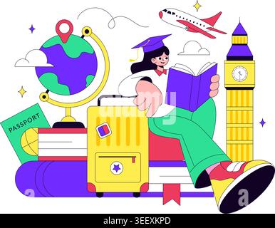 Study Abroad Vector Illustration Featuring International Education, Student Travel, Passport and Global Learning Design Stock Vector