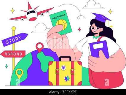 Study Abroad Vector Illustration Featuring International Education, Student Travel, Passport and Global Learning Design Stock Vector