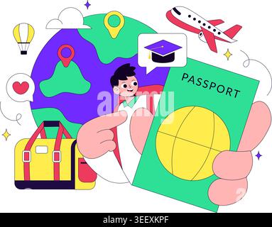 Study Abroad Vector Illustration Featuring International Education, Student Travel, Passport and Global Learning Design Stock Vector
