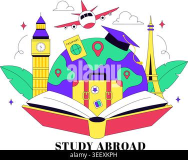 Study Abroad Vector Illustration Featuring International Education, Student Travel, Passport and Global Learning Design Stock Vector