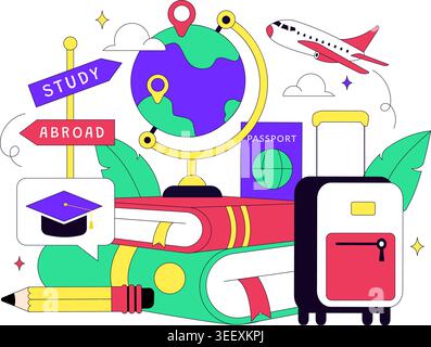 Study Abroad Vector Illustration Featuring International Education, Student Travel, Passport and Global Learning Design Stock Vector