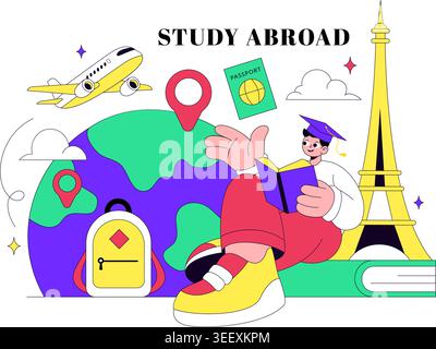 Study Abroad Vector Illustration Featuring International Education, Student Travel, Passport and Global Learning Design Stock Vector