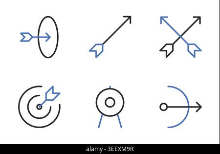 Archery Arrow Target and Aim Line Icons Set Editable Stroke Vector Illustration. Stock Vector