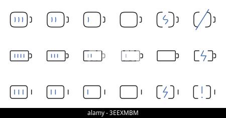 Battery Charging and Power Level Line Icons Set Editable Stroke Vector Illustration. Stock Vector