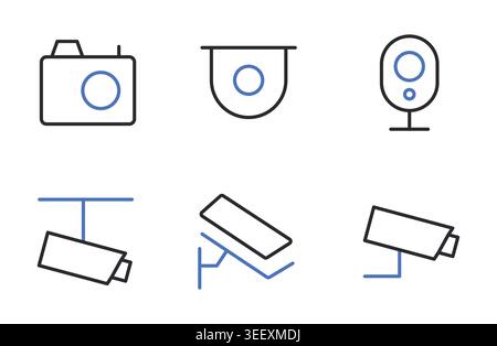 Camera Webcam and CCTV Security Line Icons Set Editable Stroke Vector Illustration. Stock Vector