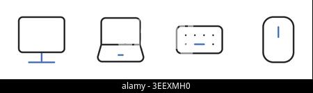 Computer Laptop Keyboard and Mouse Line Icons Set Editable Stroke Vector Illustration . Stock Vector