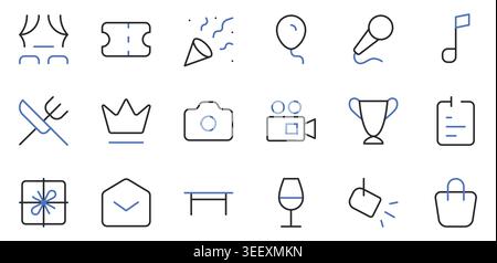 Entertainment Event and Celebration Line Icons Set Editable Stroke Vector Illustration. Stock Vector