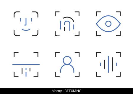 Face Scan Fingerprint Eye Scan QR Scan Recognition User Detection and Biometric Authentication Voice Recognition Line Icons Set Editable Stroke Vector Stock Vector