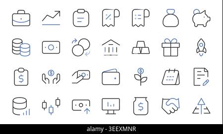 Income and Saving Finance Line Icons Set Editable Stroke Vector Illustration. Stock Vector
